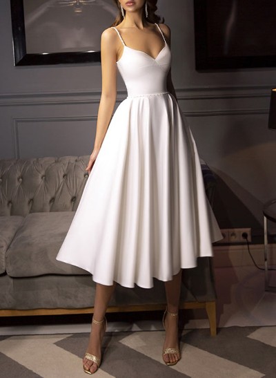 Simple Pearl Beading Tea Length Wedding Dress