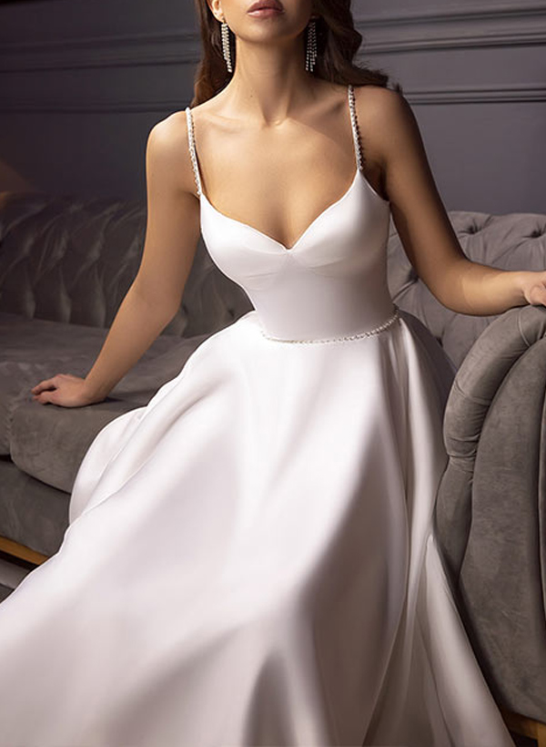 Simple Pearl Beading Tea Length Wedding Dress