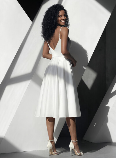 Simple Pearl Beading Tea Length Wedding Dress