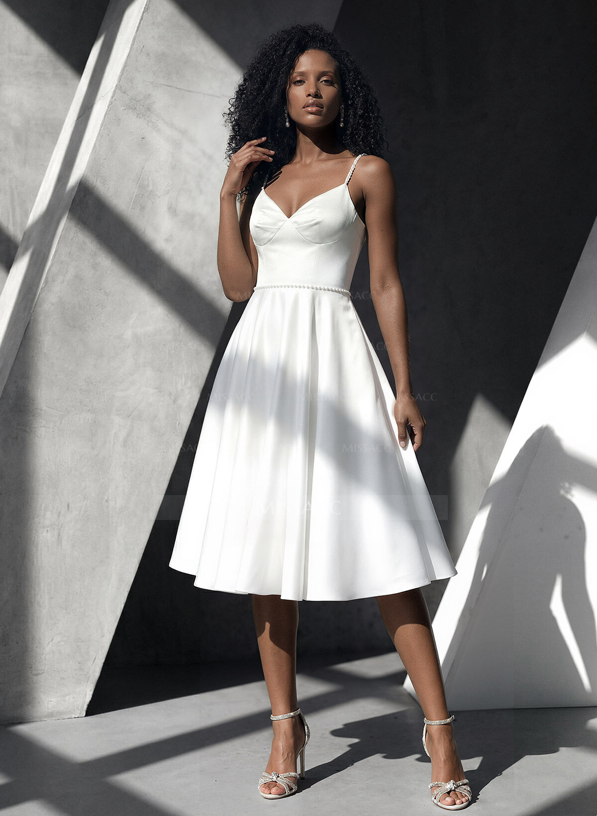 Simple Pearl Beading Tea Length Wedding Dress