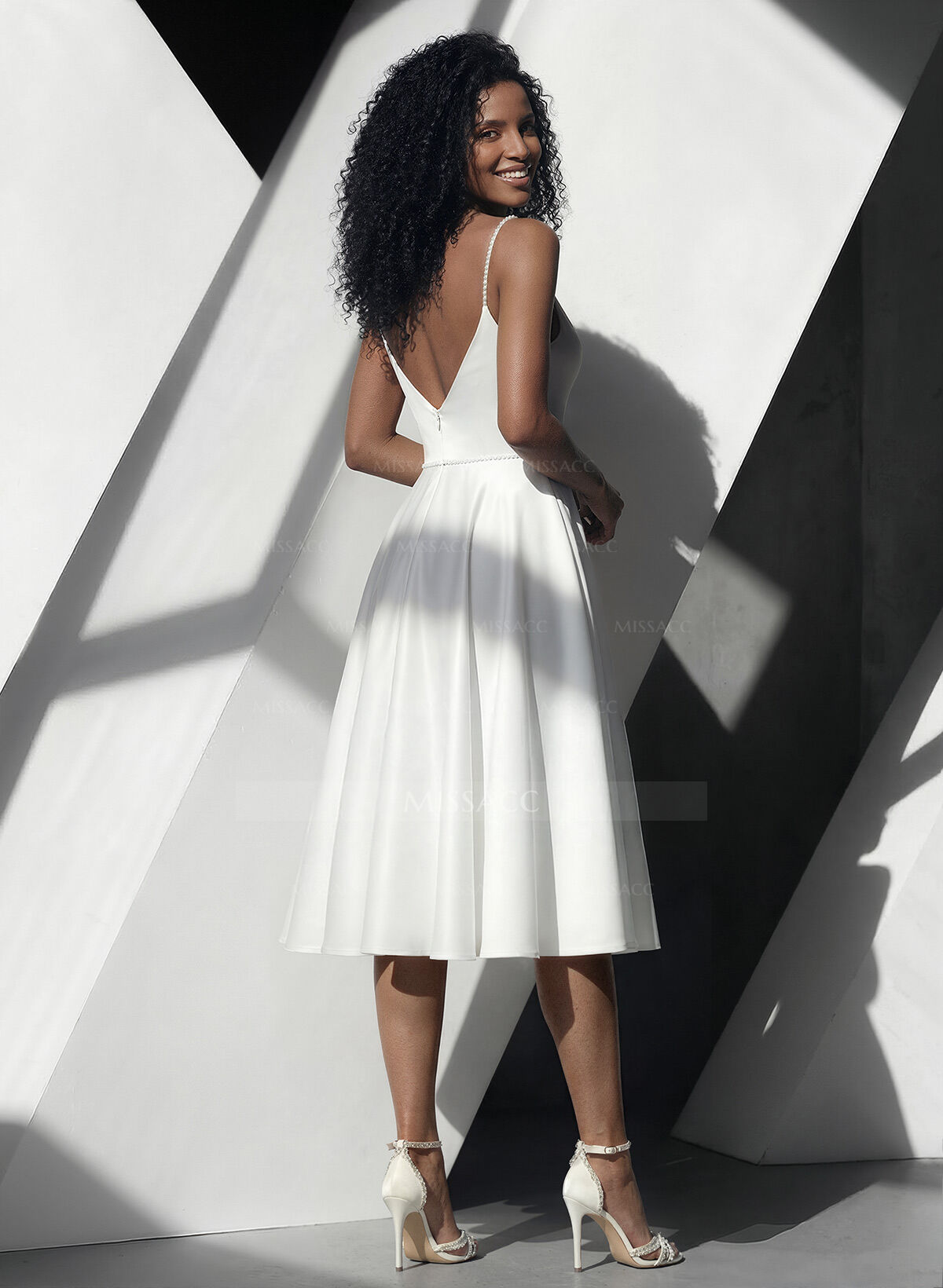 Simple Pearl Beading Tea Length Wedding Dress