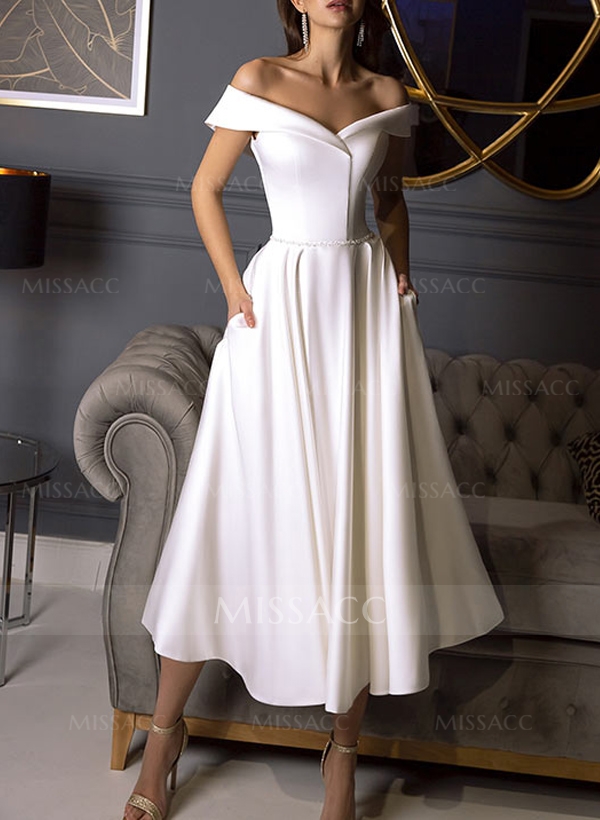 Simple Pearl Tea Length Wedding Dress