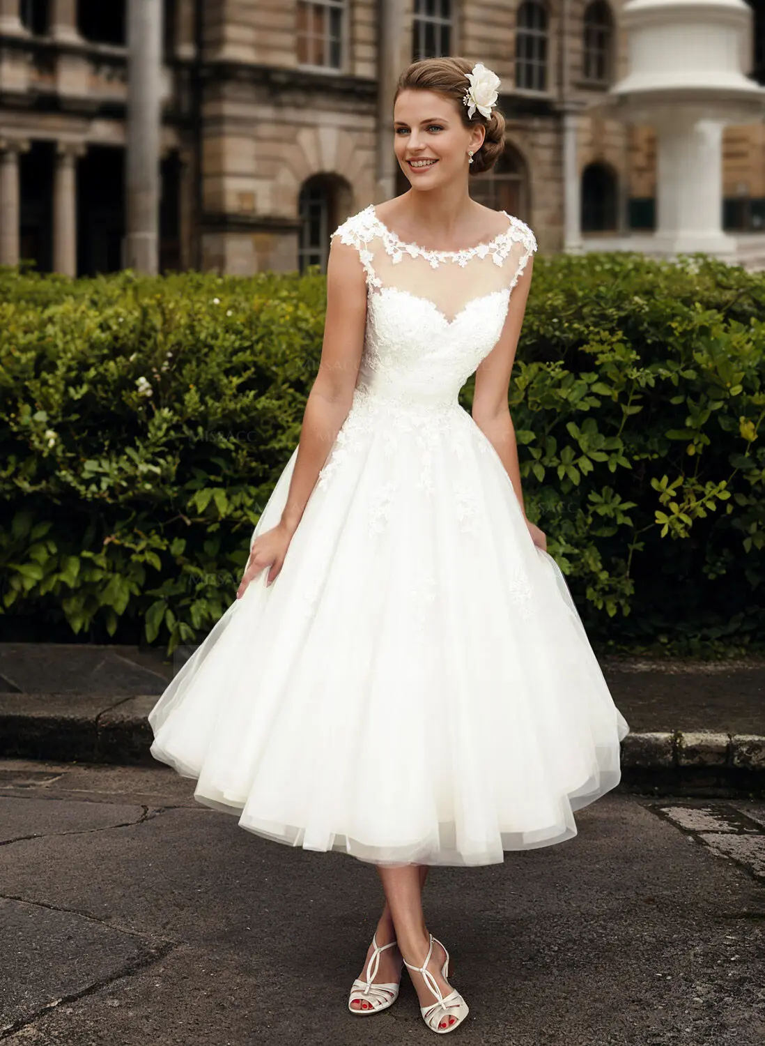 open lace back dress Elegant 3/4 Sleeve Tea-Length Wedding Dress with Tulle Overskirt Dusty Blue / Tea-Length Dress main image 1