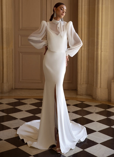 2pcs Long Sleeves Simple Wedding Dress With Split Front
