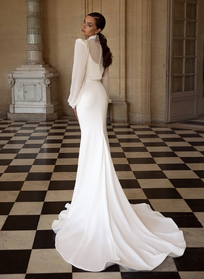 2pcs Long Sleeves Simple Wedding Dress With Split Front