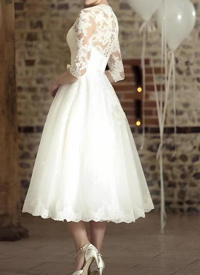 Short Ball-Gown Lace Wedding Dresses With 1/2 Sleeves