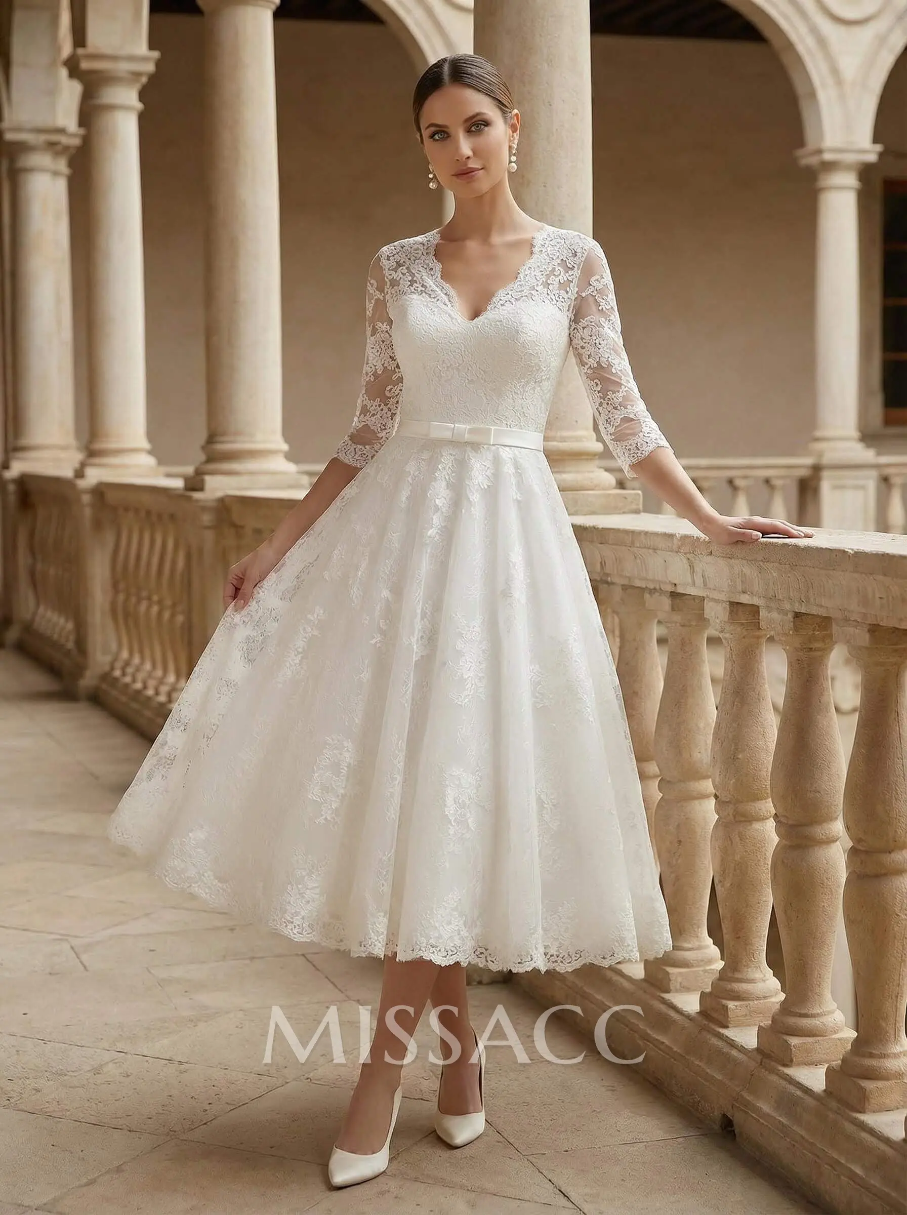 short lace wedding dresses Long Sleeves Wedding Dress with Detachable Train Latest Short Lace Bridal Gown main image 0