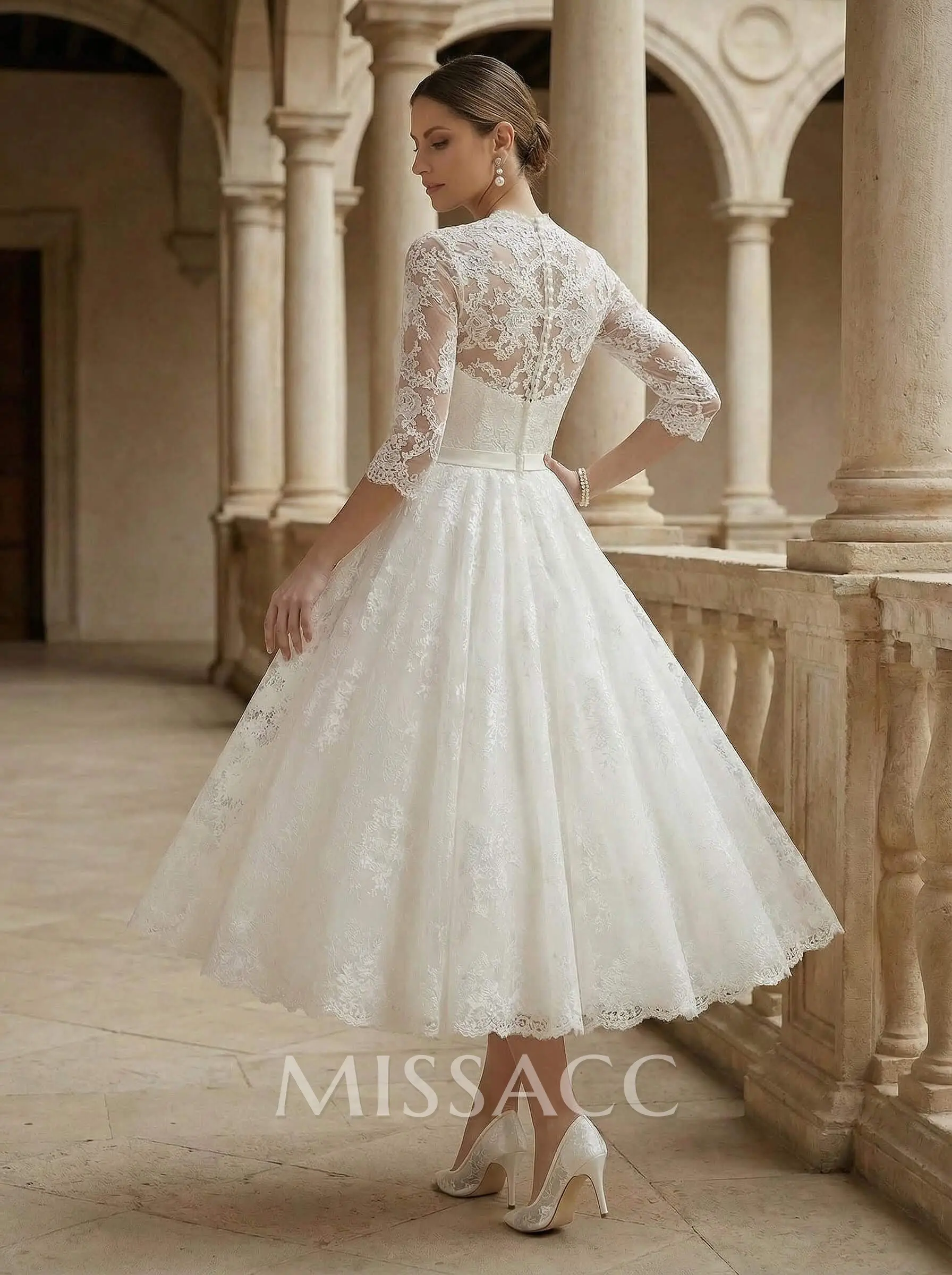 Missacc Ivory Bride Short Ball-Gown Lace Wedding Dresses With 1/2 Sleeves Missacc Ivory Bride Short Ball-Gown Lace Wedding Dresses With 1/2 Sleeves