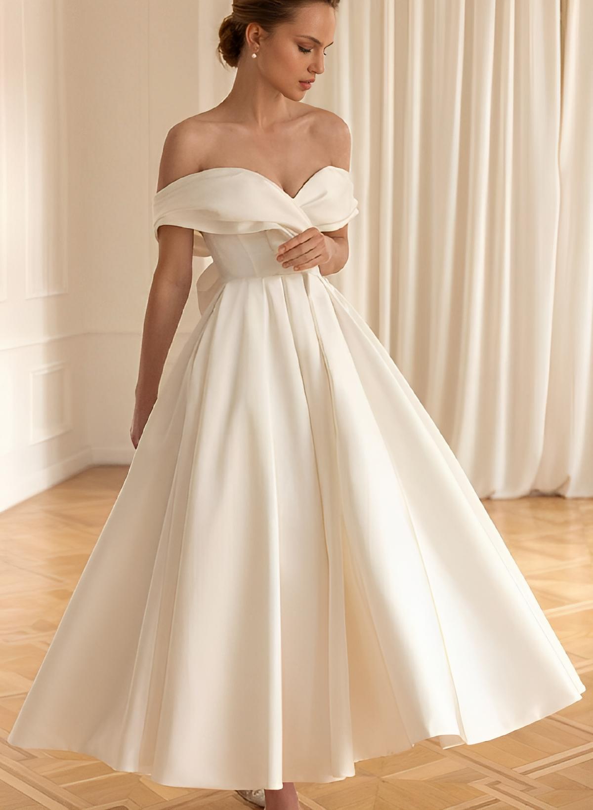Off-The-Shoulder Short Satin Wedding Dresses With Bow