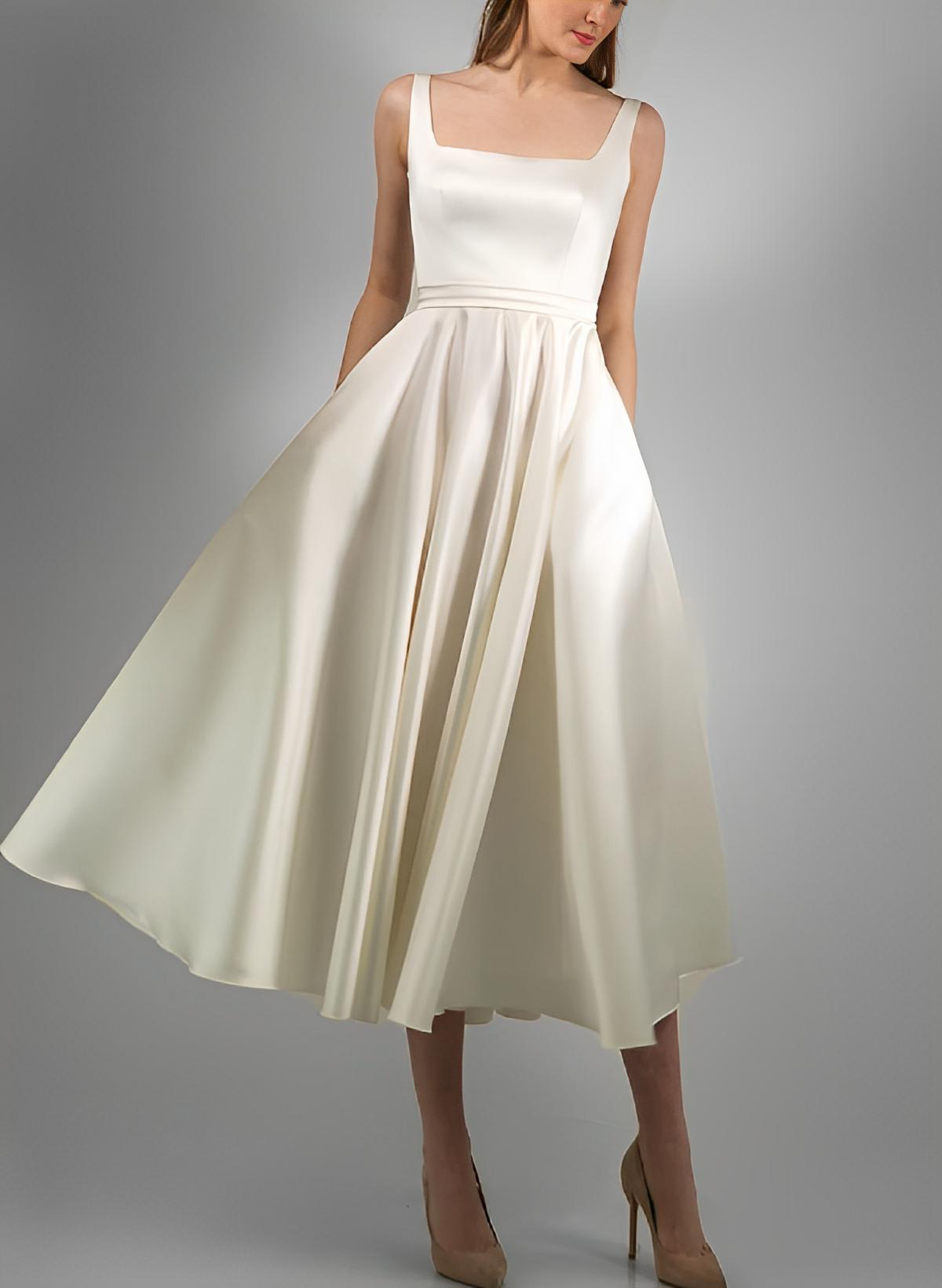 A-Line Square Neckline Sleeveless Tea-Length Satin Wedding Dresses With Pockets