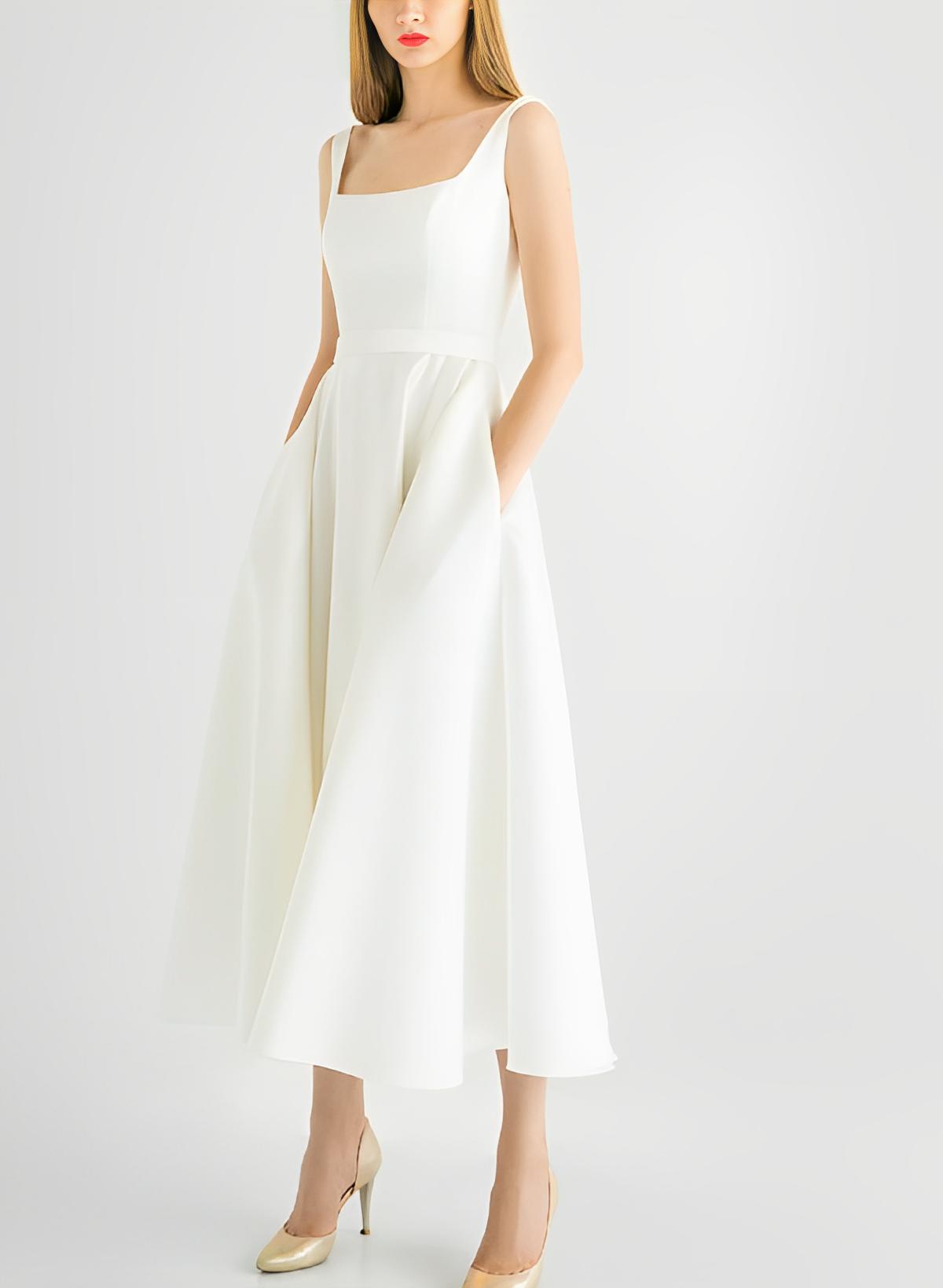 A-Line Square Neckline Sleeveless Tea-Length Satin Wedding Dresses With Pockets