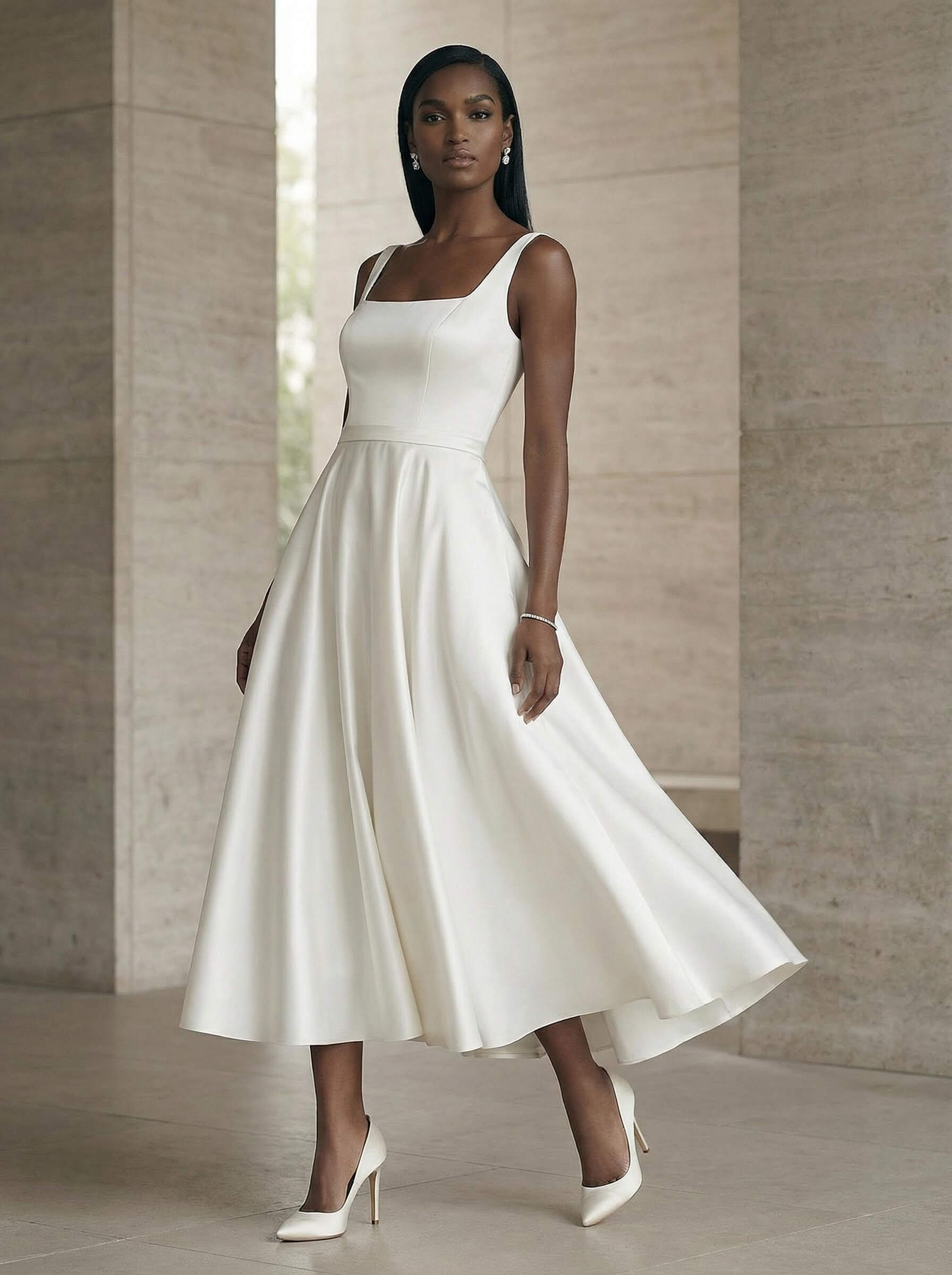 A-Line Square Neckline Sleeveless Tea-Length Satin Wedding Dresses With Pockets