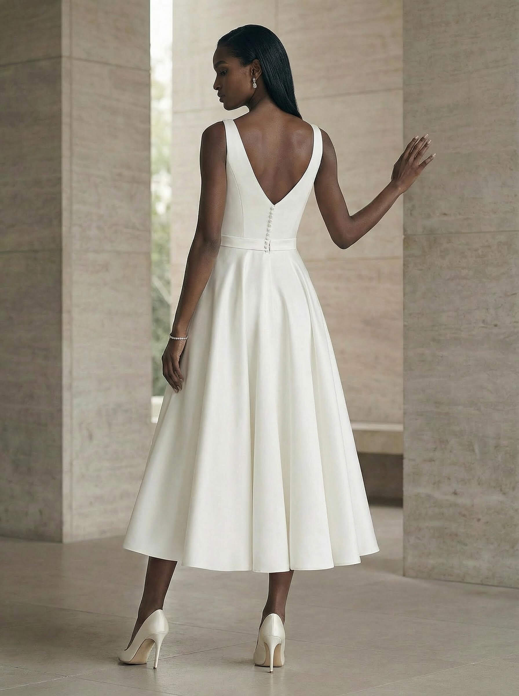 A-Line Square Neckline Sleeveless Tea-Length Satin Wedding Dresses With Pockets