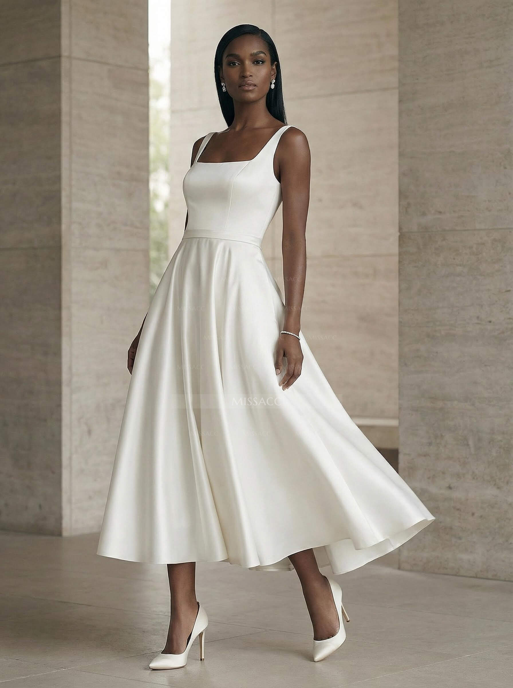 A-Line Square Neckline Sleeveless Tea-Length Satin Wedding Dresses With Pockets