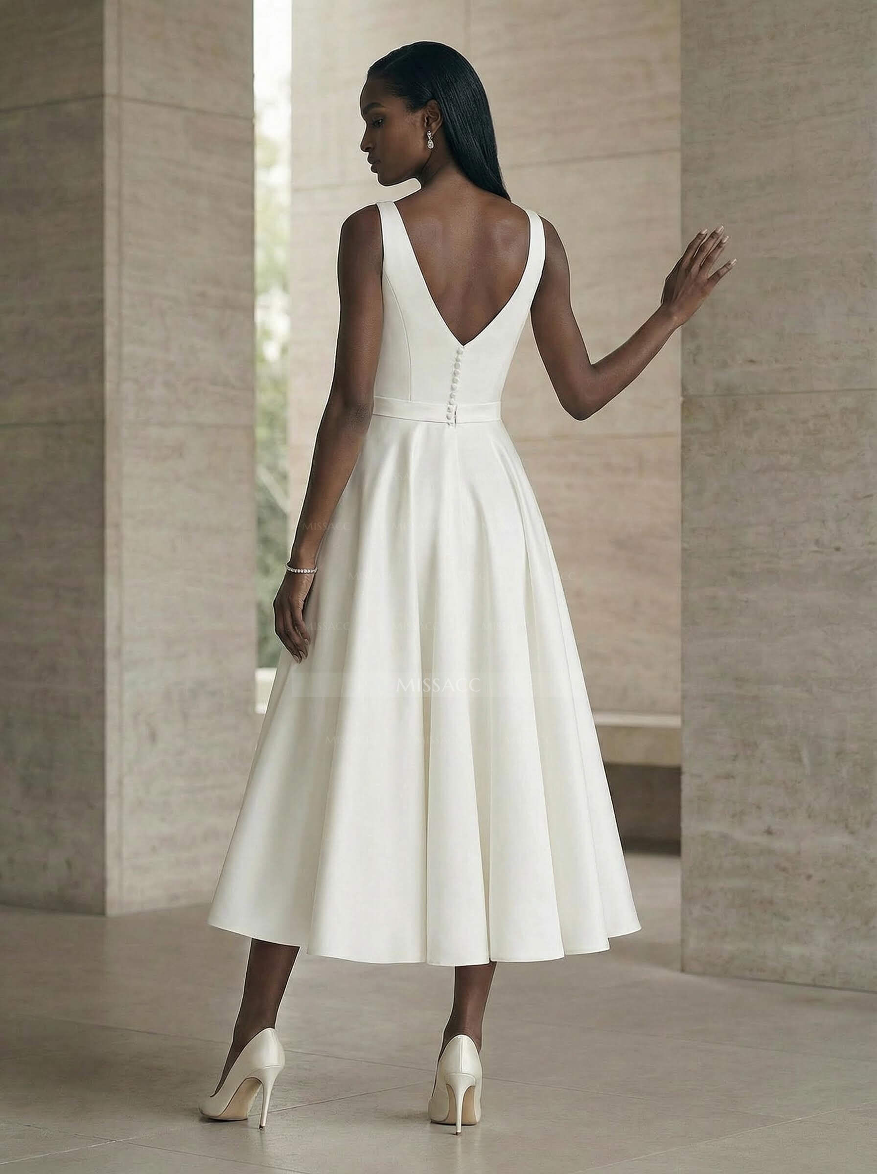 A-Line Square Neckline Sleeveless Tea-Length Satin Wedding Dresses With Pockets