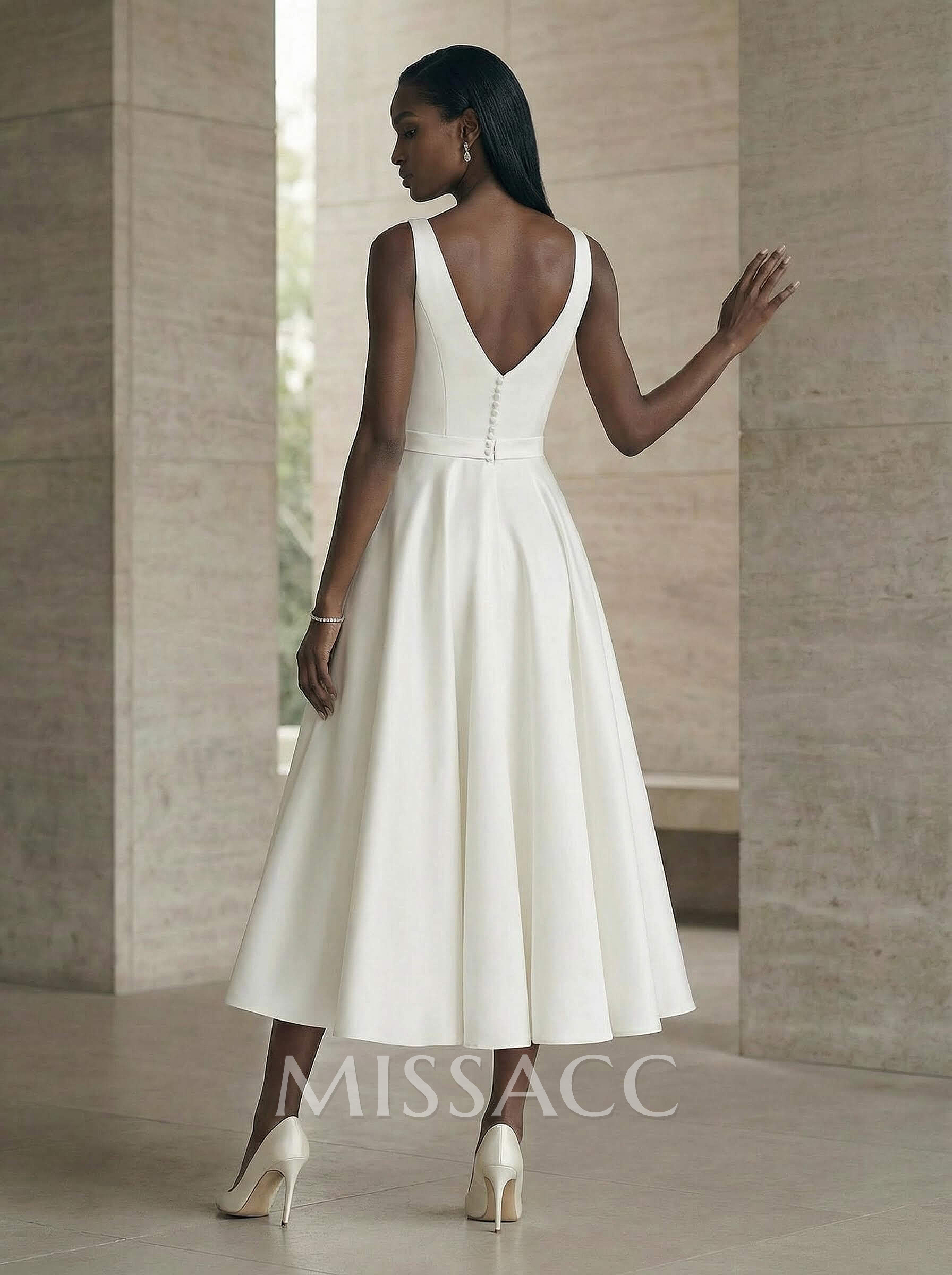 A-Line Square Neckline Sleeveless Tea-Length Satin Wedding Dresses With Pockets