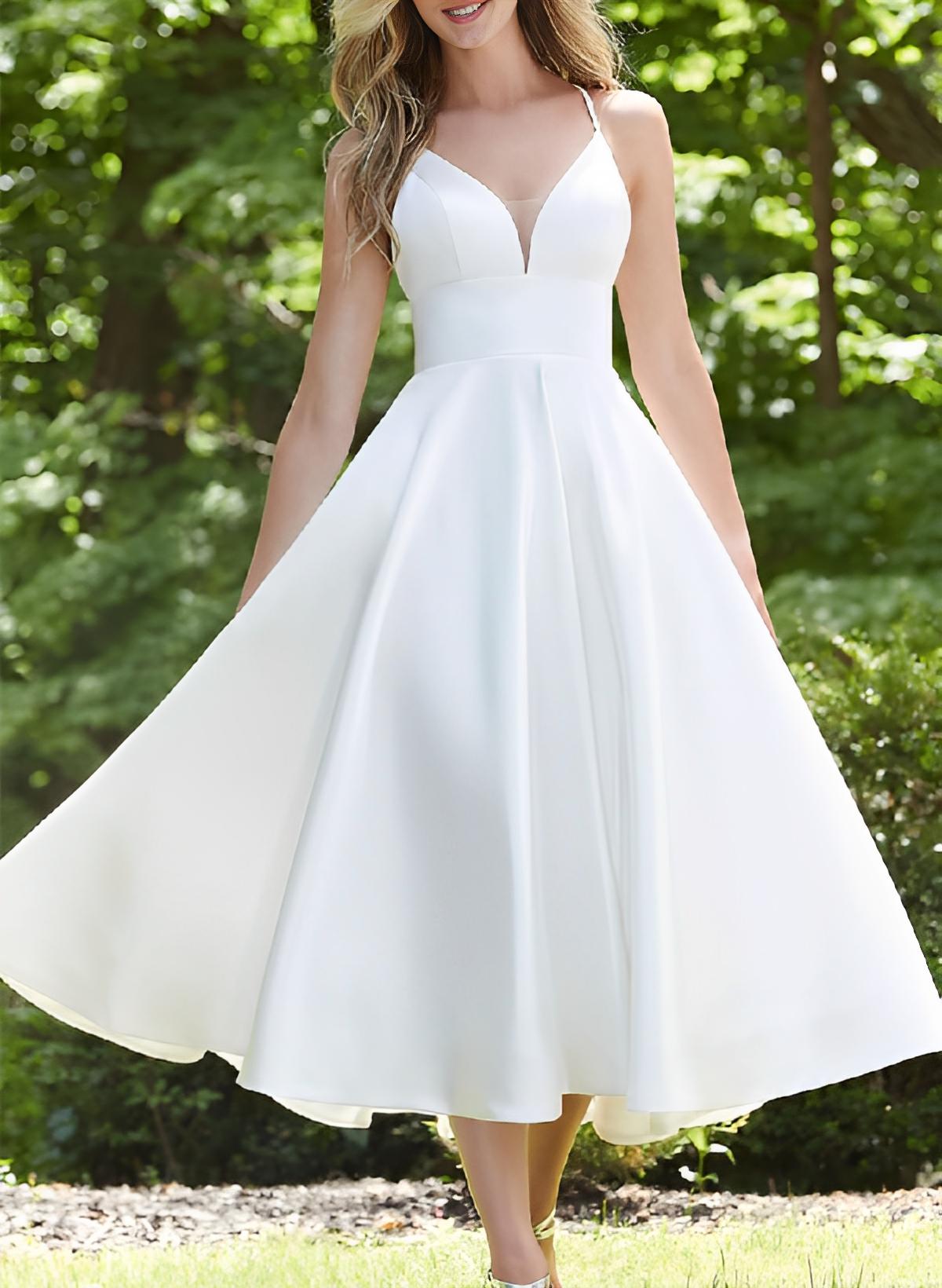 Short Simple Wedding Dresses With Tea-Length Open Back