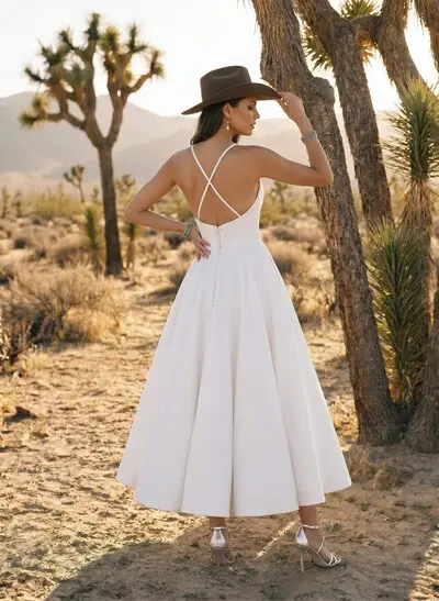 Short Simple Wedding Dresses With Tea-Length Open Back