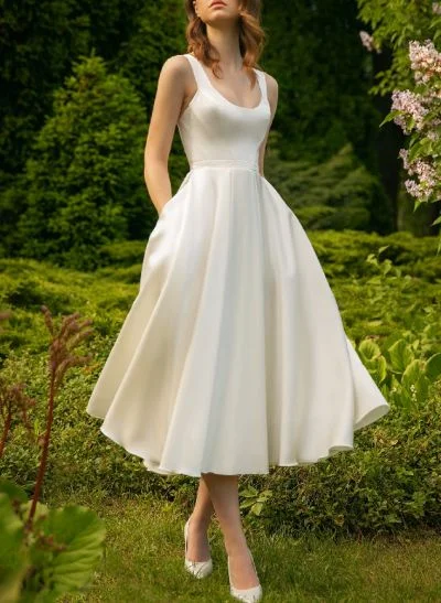 Simple Short Satin Wedding Dresses With Tea-Length