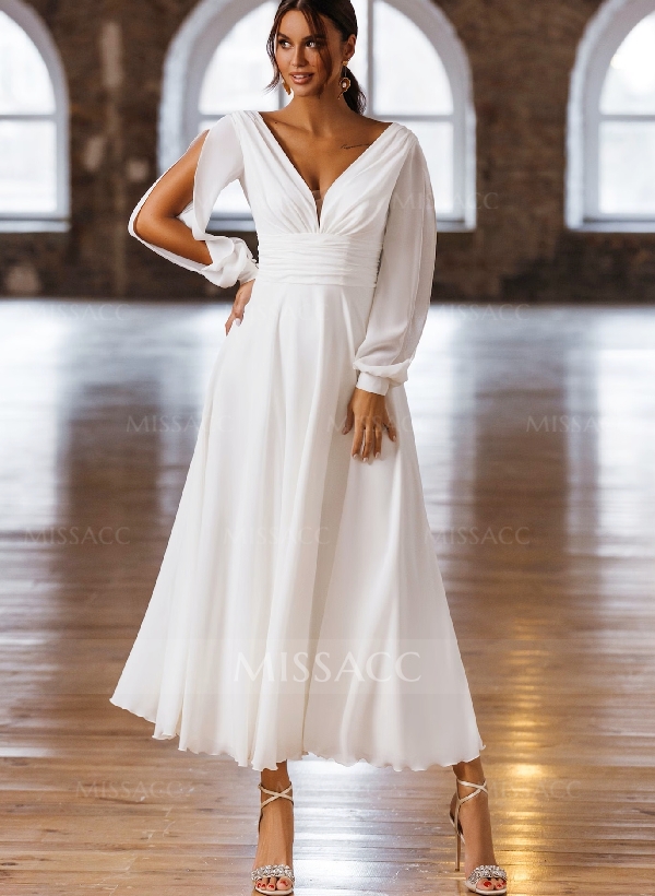 Long Sleeves Short Wedding Dresses With Chiffon A-Line