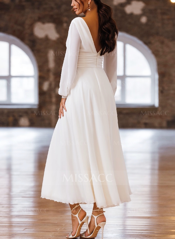 Long Sleeves Short Wedding Dresses With Chiffon A-Line