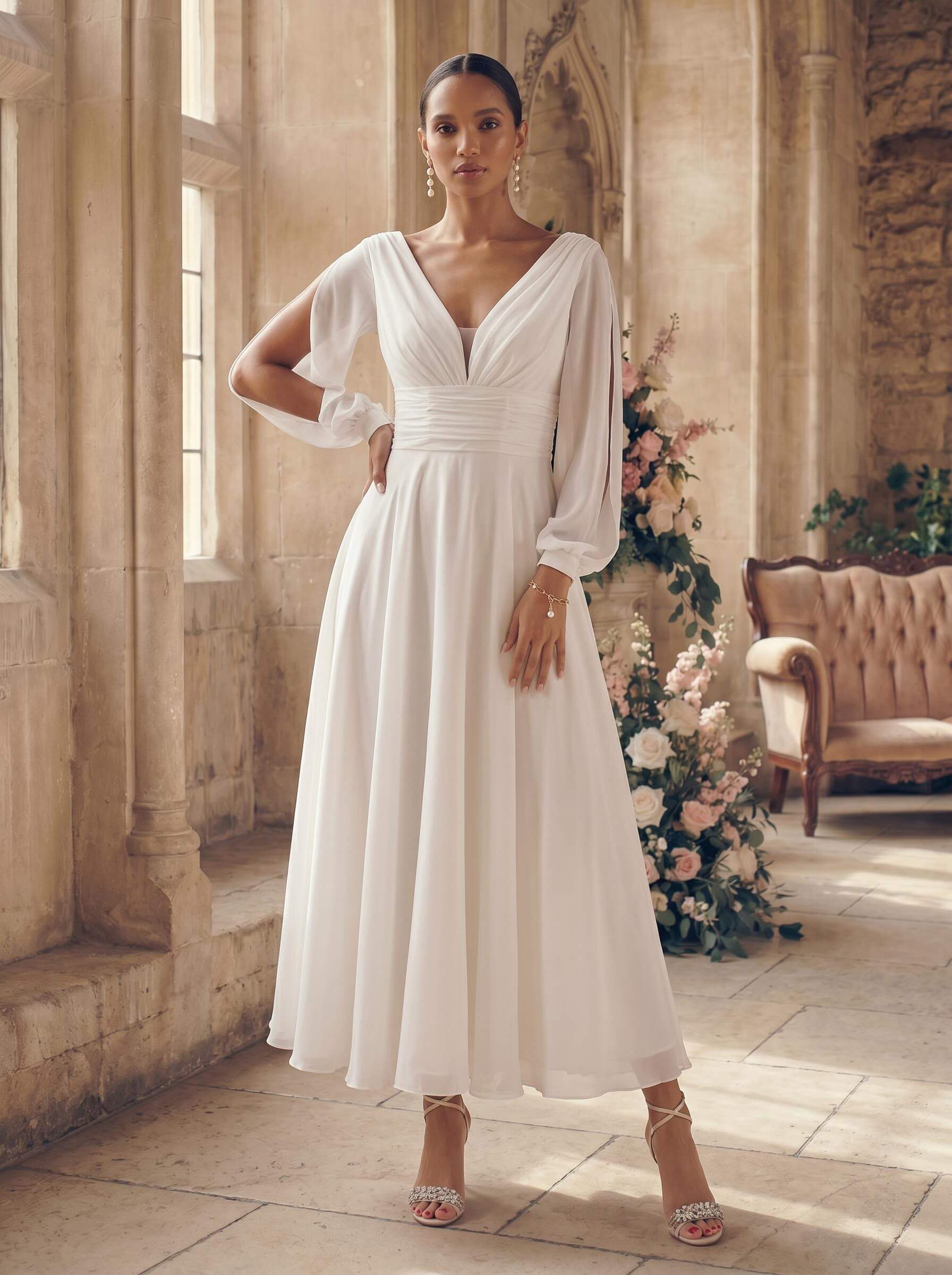 Long Sleeves Short Wedding Dresses With Chiffon A-Line
