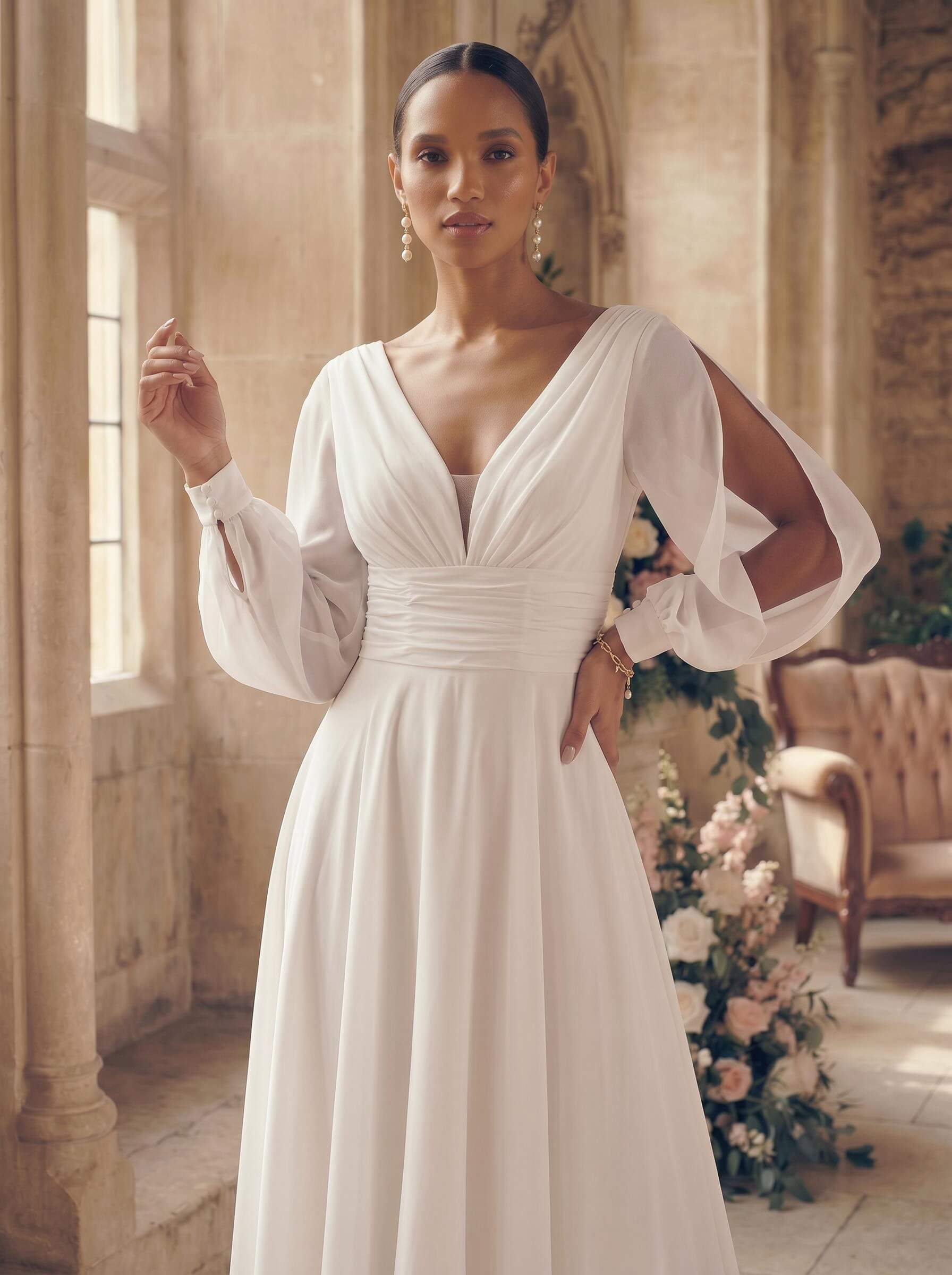 Long Sleeves Short Wedding Dresses With Chiffon A-Line