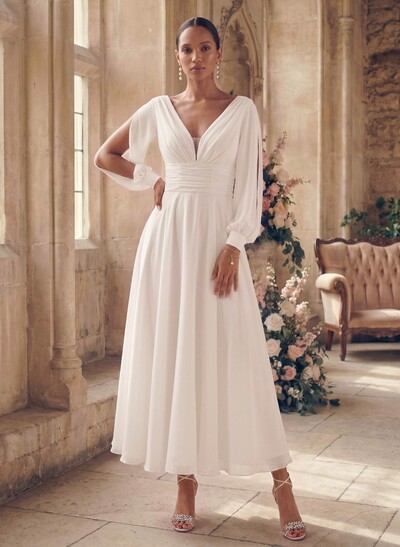 Long Sleeves Short Wedding Dresses With Chiffon A-Line