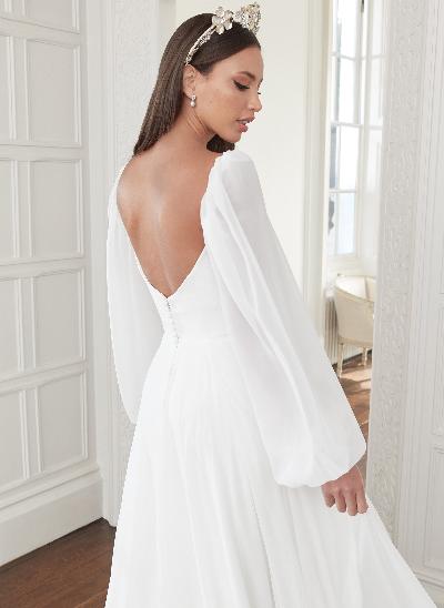 Long Sleeves Simple Wedding Dresses With Square Neckline