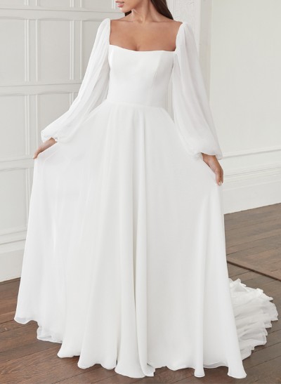 Long Sleeves Simple Wedding Dresses With Square Neckline