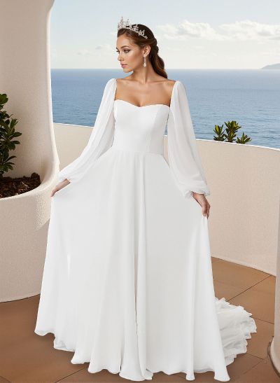 Long Sleeves Simple Wedding Dresses With Square Neckline