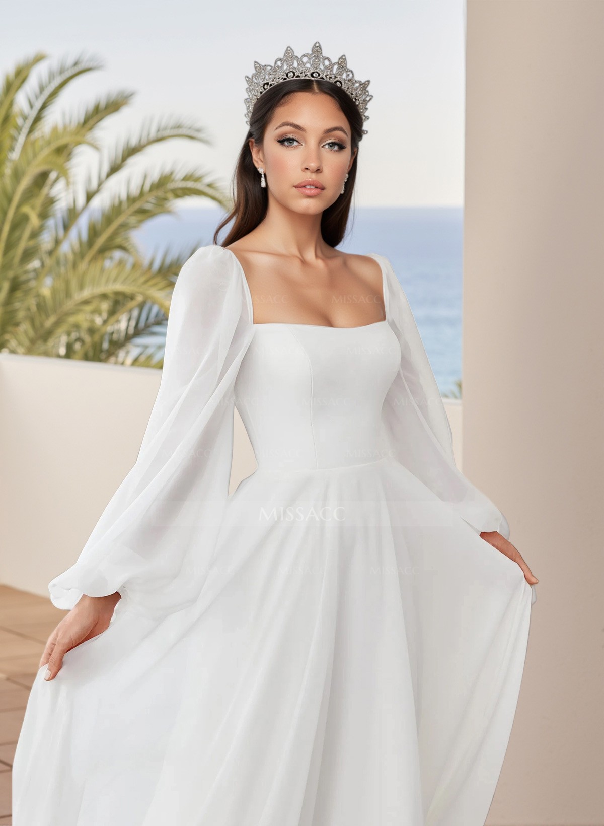 Long Sleeves Simple Wedding Dresses With Square Neckline