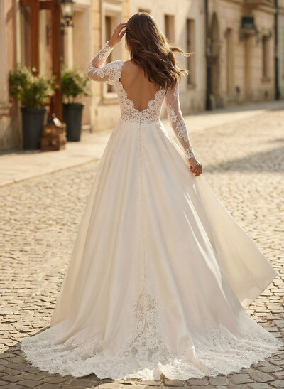Long Sleeves Lace Ball-Gown Wedding Dresses With Satin