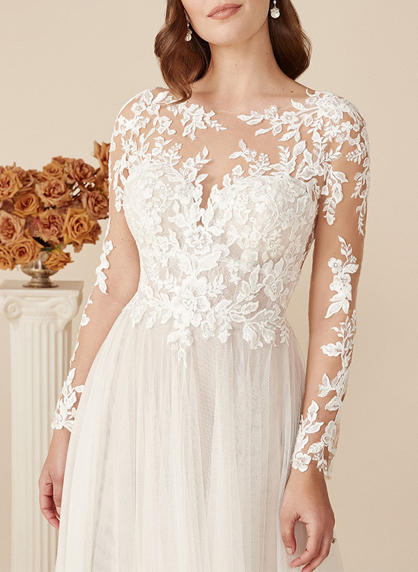 Long Sleeves Lace Romantic Wedding Dresses With Tulle