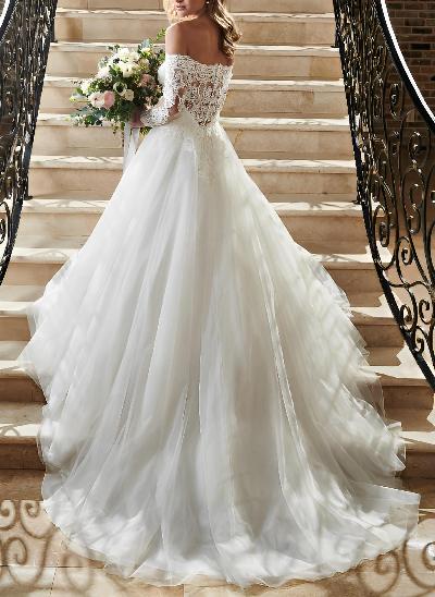 Long Sleeves Off-the-Shoulder Lace Wedding Dresses With Tulle 