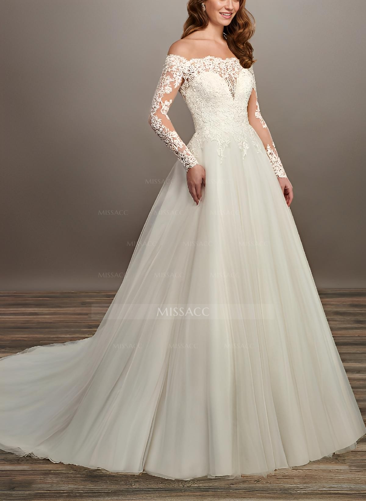 Long Sleeves Off-the-Shoulder Lace Wedding Dresses With Tulle 