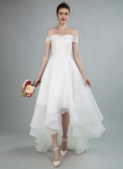 Simple High Low Wedding Dresses A Line Off The Shoulder Sleeveless Lace Bridal Dresses With Train