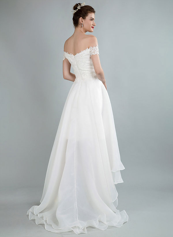 Simple High Low Wedding Dresses A Line Off The Shoulder Sleeveless Lace Bridal Dresses With Train