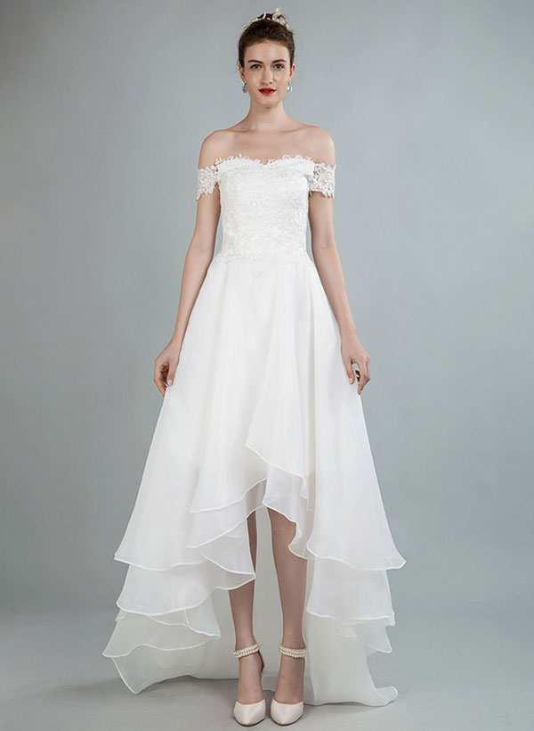 Simple High Low Wedding Dresses A Line Off The Shoulder Sleeveless Lace Bridal Dresses With Train