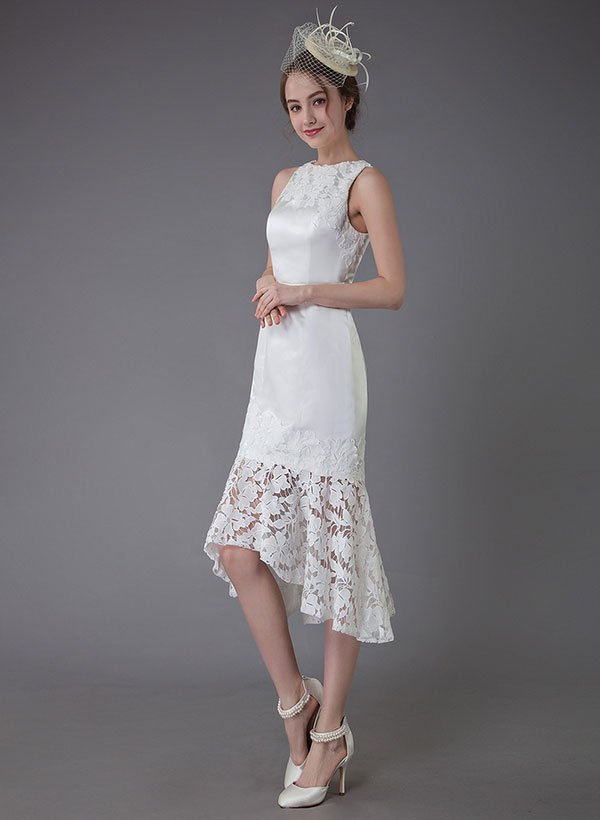 Sheath/Column Scoop Neck Sleeveless Asymmetrical Satin/Lace Wedding Dresses With Lace