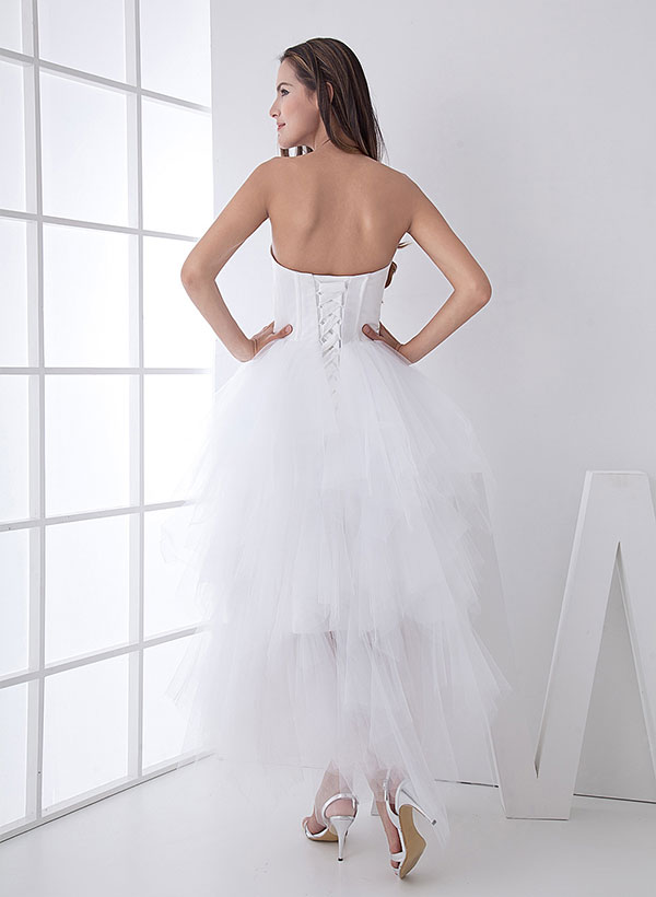 White Classic Strapless Satin High Low Wedding Dress