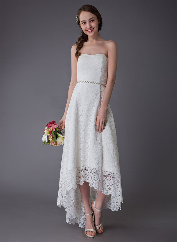 Simple Wedding Dresses Lace High Low Strapless Sash Asymmetrical Short Bridal