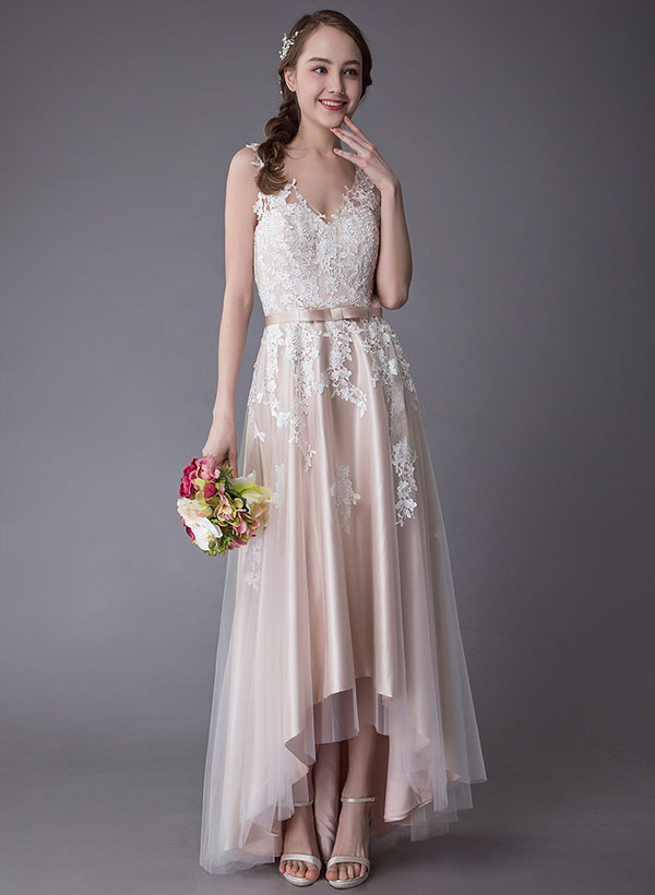 Lace Wedding Dresses High Low Bow Sash Tulle Applique Summer Beach Bridal Gowns