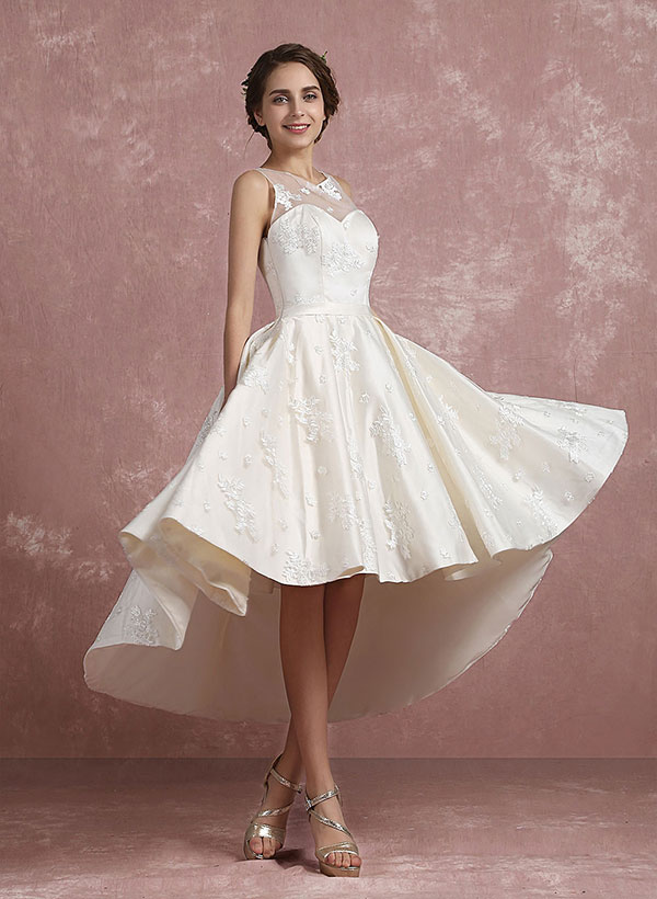 High Low Wedding Dresses 2023 Lace Satin Beach Bridal Dress Illusion Sweetheart A Line Bow Sash Bridal Gown