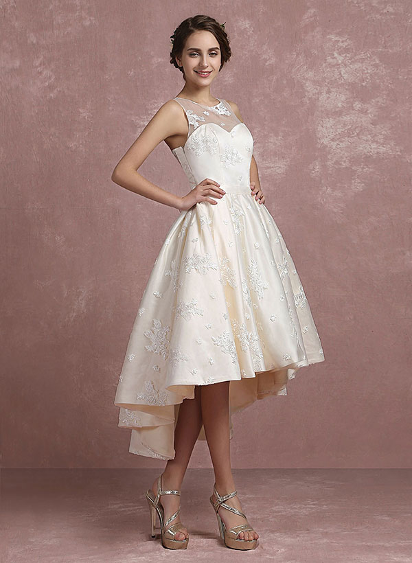 High Low Wedding Dresses 2023 Lace Satin Beach Bridal Dress Illusion Sweetheart A Line Bow Sash Bridal Gown