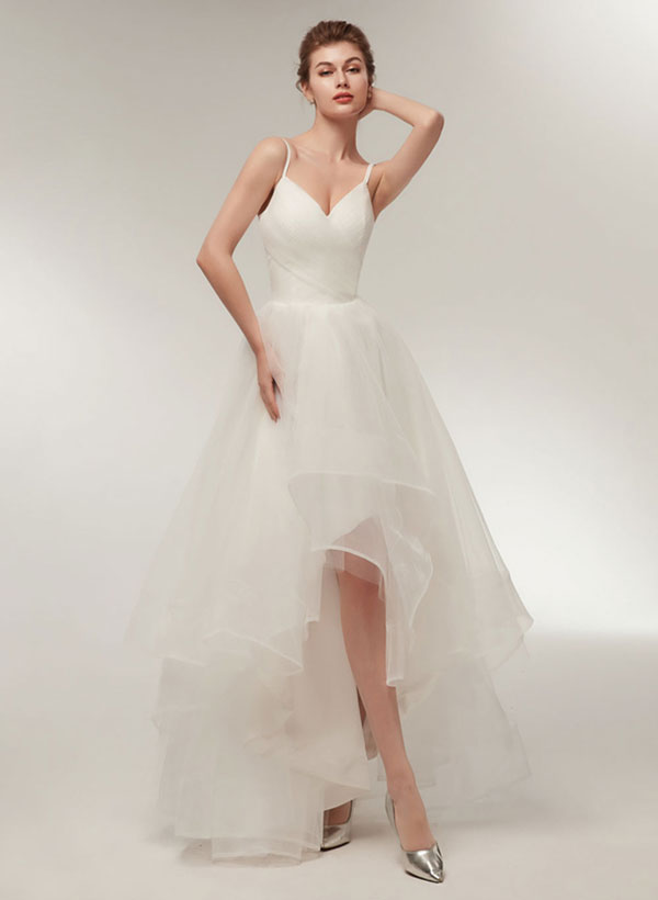 A-Line Asymmetrical Tulle Wedding Dress With Cascading Ruffles
