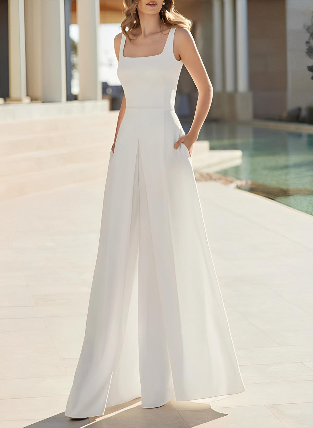 Ivory Jumpsuit Bridal Dress 2023 With Pockets Floor-Length Square Neck Sleeveless