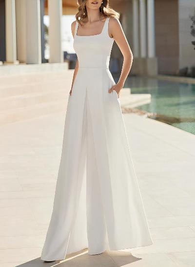 Ivory Jumpsuit Bridal Dress 2023 With Pockets Floor-Length Square Neck Sleeveless