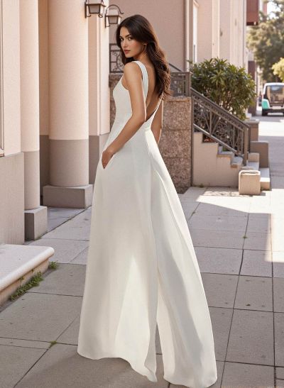 Ivory Jumpsuit Bridal Dress 2023 With Pockets Floor-Length Square Neck Sleeveless