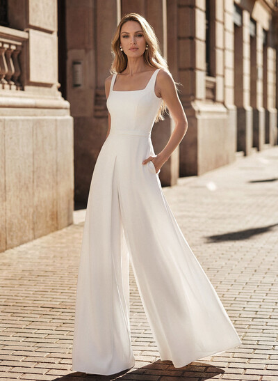 Ivory Jumpsuit Bridal Dress 2023 With Pockets Floor-Length Square Neck Sleeveless